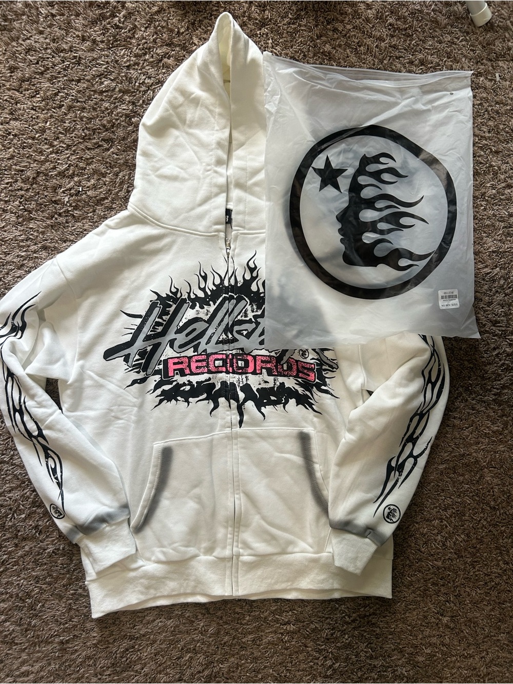 Hellcat Records White Graphic Zip-Up Hoodie with Flame Sleeve Design